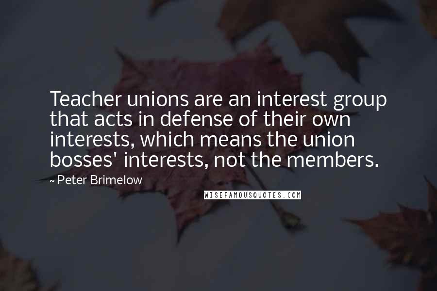 Peter Brimelow Quotes: Teacher unions are an interest group that acts in defense of their own interests, which means the union bosses' interests, not the members.