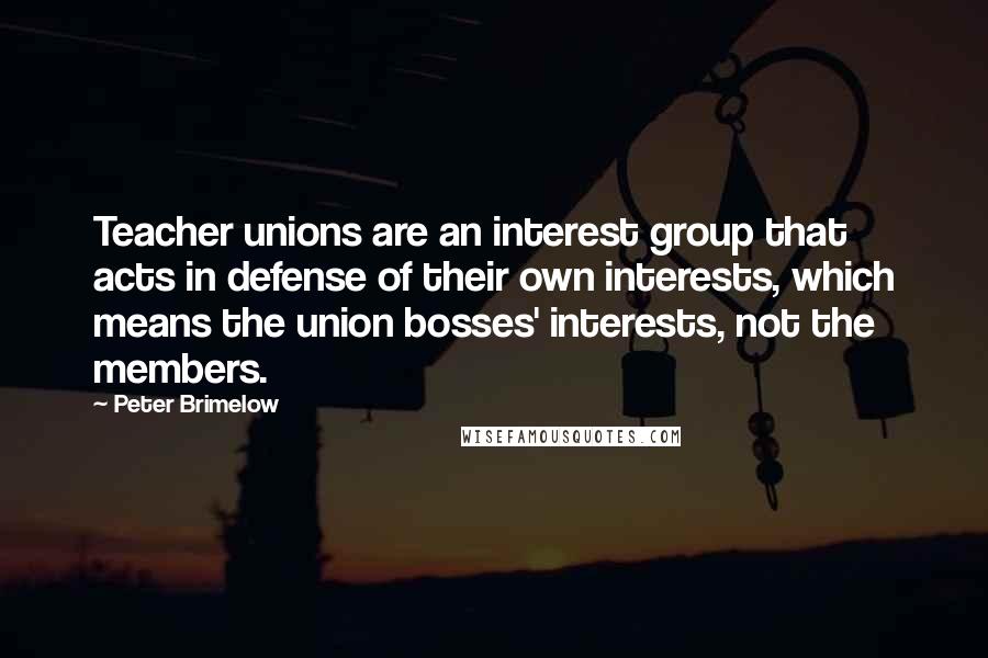 Peter Brimelow Quotes: Teacher unions are an interest group that acts in defense of their own interests, which means the union bosses' interests, not the members.