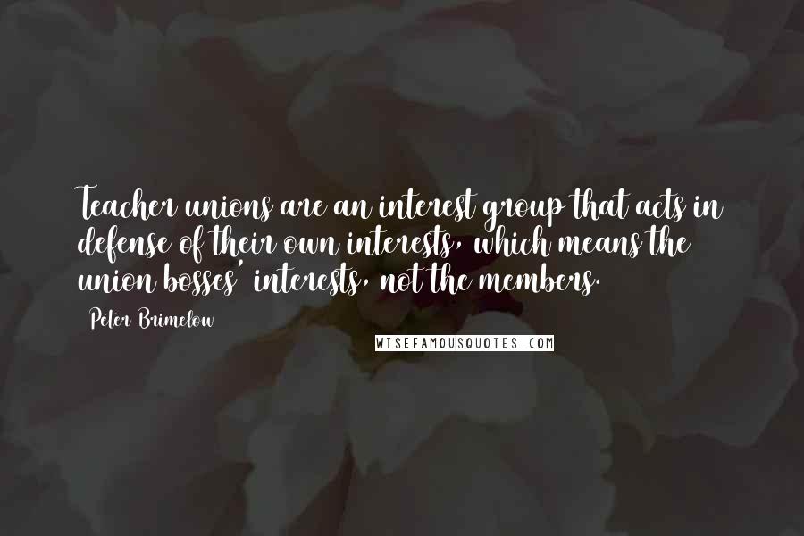 Peter Brimelow Quotes: Teacher unions are an interest group that acts in defense of their own interests, which means the union bosses' interests, not the members.