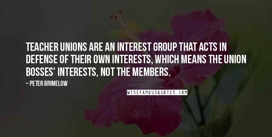 Peter Brimelow Quotes: Teacher unions are an interest group that acts in defense of their own interests, which means the union bosses' interests, not the members.