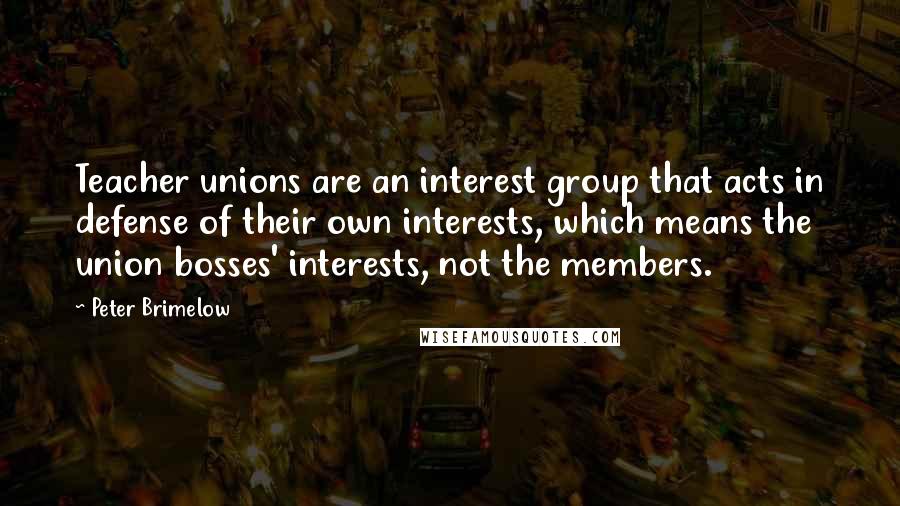 Peter Brimelow Quotes: Teacher unions are an interest group that acts in defense of their own interests, which means the union bosses' interests, not the members.