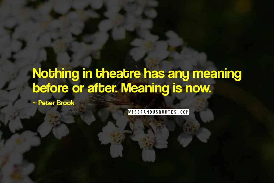 Peter Brook Quotes: Nothing in theatre has any meaning before or after. Meaning is now.