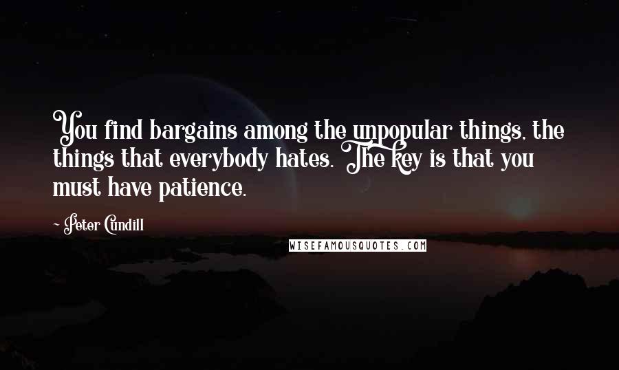 Peter Cundill Quotes: You find bargains among the unpopular things, the things that everybody hates. The key is that you must have patience.