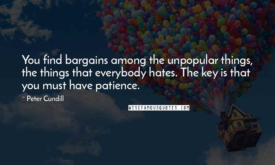 Peter Cundill Quotes: You find bargains among the unpopular things, the things that everybody hates. The key is that you must have patience.