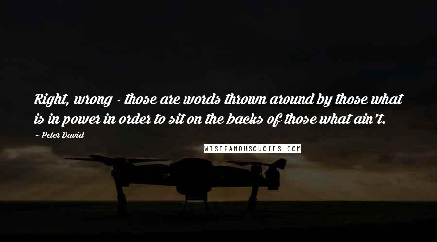 Peter David Quotes: Right, wrong - those are words thrown around by those what is in power in order to sit on the backs of those what ain't.