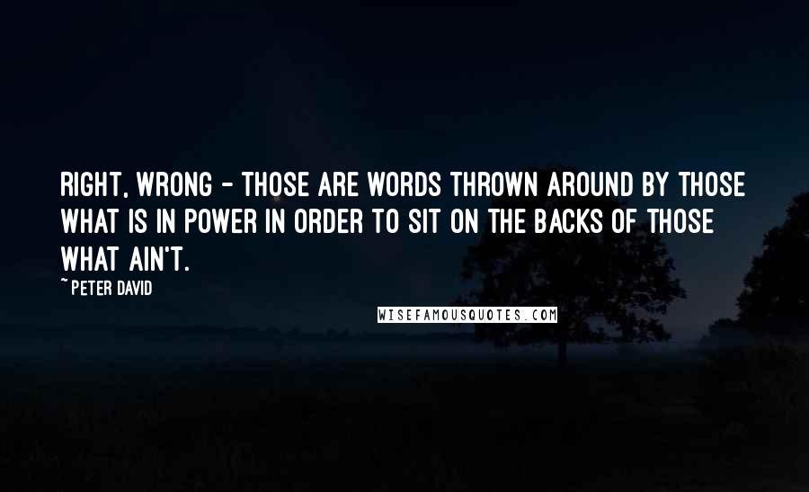 Peter David Quotes: Right, wrong - those are words thrown around by those what is in power in order to sit on the backs of those what ain't.