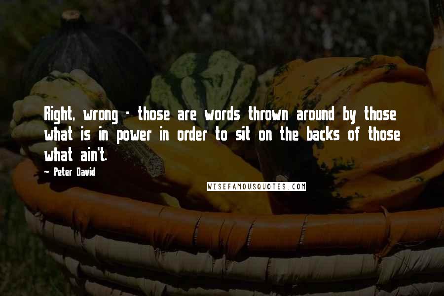 Peter David Quotes: Right, wrong - those are words thrown around by those what is in power in order to sit on the backs of those what ain't.