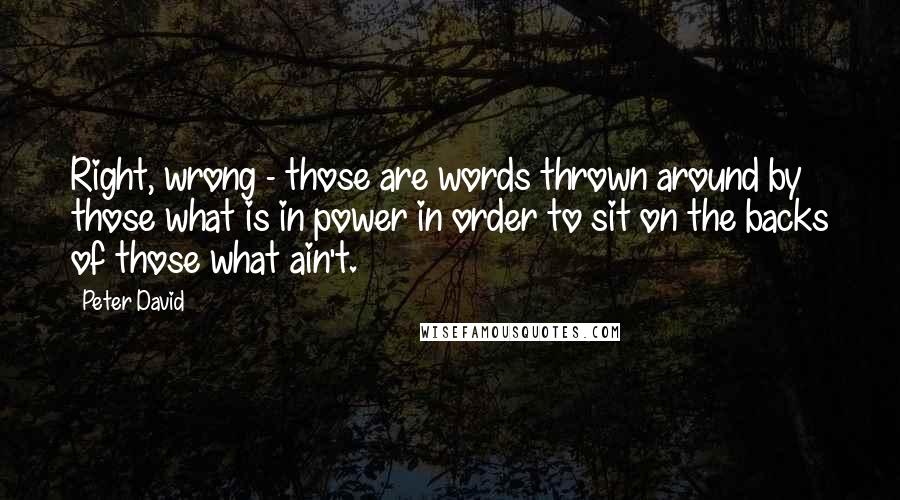 Peter David Quotes: Right, wrong - those are words thrown around by those what is in power in order to sit on the backs of those what ain't.