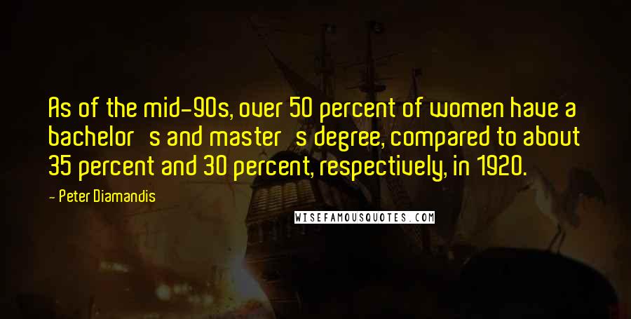 Peter Diamandis Quotes: As of the mid-90s, over 50 percent of women have a bachelor's and master's degree, compared to about 35 percent and 30 percent, respectively, in 1920.