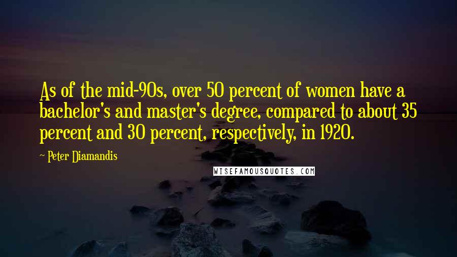 Peter Diamandis Quotes: As of the mid-90s, over 50 percent of women have a bachelor's and master's degree, compared to about 35 percent and 30 percent, respectively, in 1920.