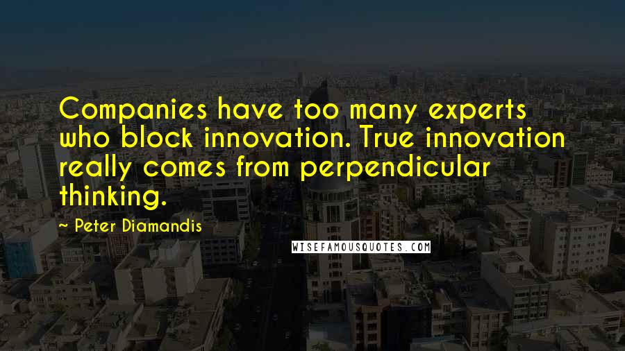 Peter Diamandis Quotes: Companies have too many experts who block innovation. True innovation really comes from perpendicular thinking.