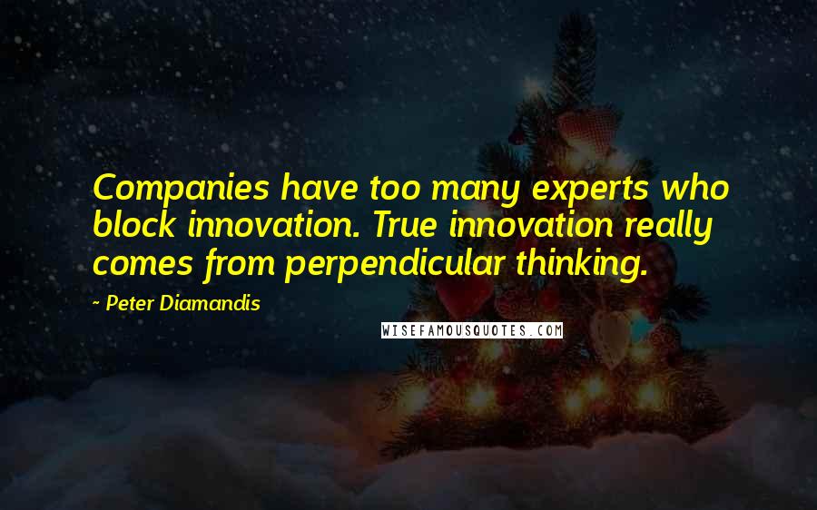 Peter Diamandis Quotes: Companies have too many experts who block innovation. True innovation really comes from perpendicular thinking.