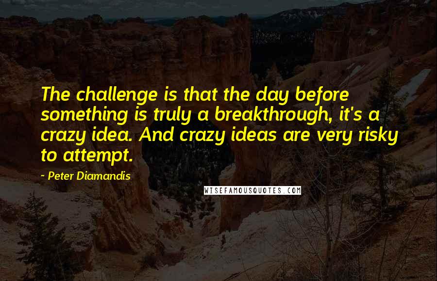 Peter Diamandis Quotes: The challenge is that the day before something is truly a breakthrough, it's a crazy idea. And crazy ideas are very risky to attempt.