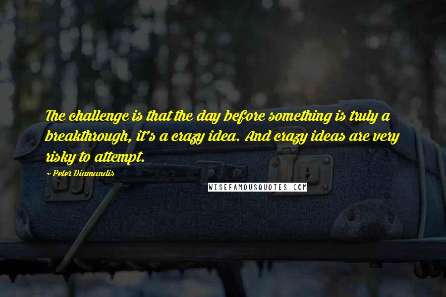 Peter Diamandis Quotes: The challenge is that the day before something is truly a breakthrough, it's a crazy idea. And crazy ideas are very risky to attempt.