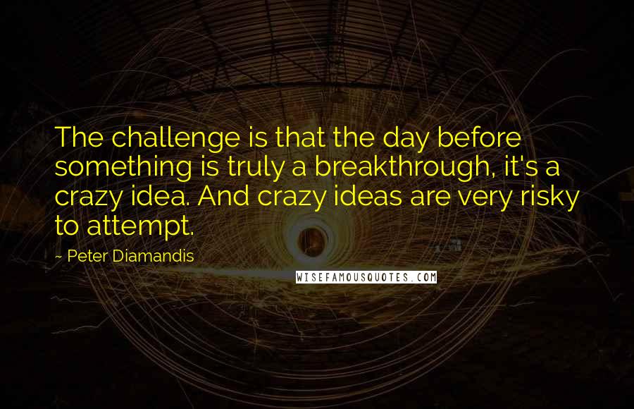 Peter Diamandis Quotes: The challenge is that the day before something is truly a breakthrough, it's a crazy idea. And crazy ideas are very risky to attempt.