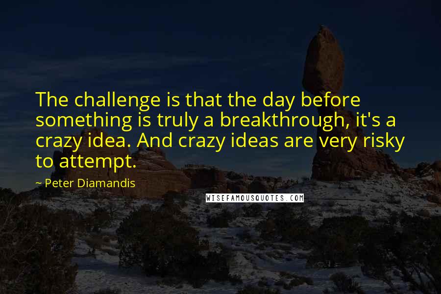 Peter Diamandis Quotes: The challenge is that the day before something is truly a breakthrough, it's a crazy idea. And crazy ideas are very risky to attempt.