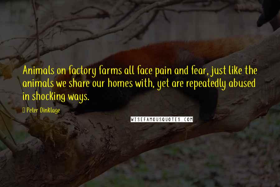 Peter Dinklage Quotes: Animals on factory farms all face pain and fear, just like the animals we share our homes with, yet are repeatedly abused in shocking ways.