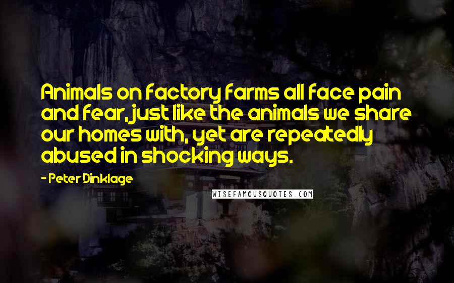 Peter Dinklage Quotes: Animals on factory farms all face pain and fear, just like the animals we share our homes with, yet are repeatedly abused in shocking ways.