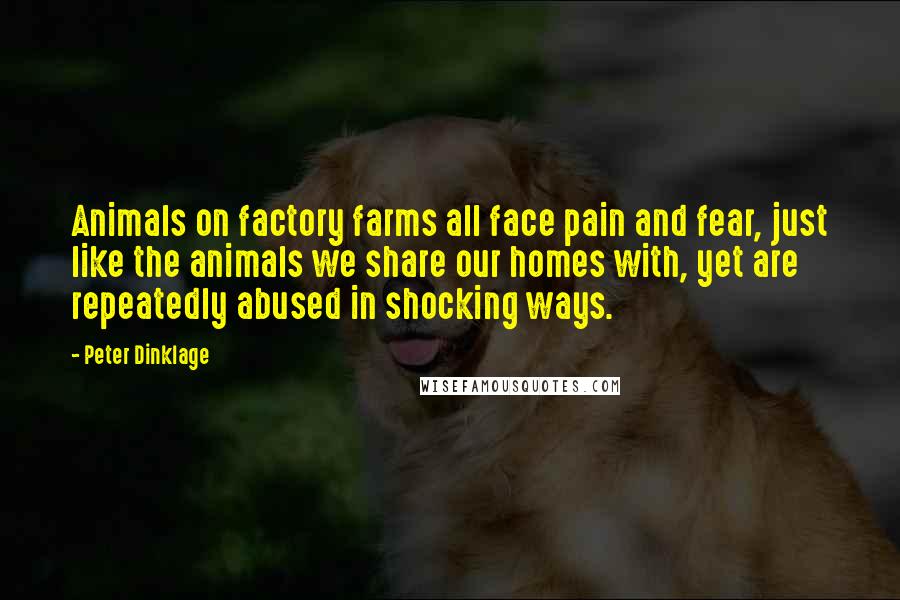 Peter Dinklage Quotes: Animals on factory farms all face pain and fear, just like the animals we share our homes with, yet are repeatedly abused in shocking ways.