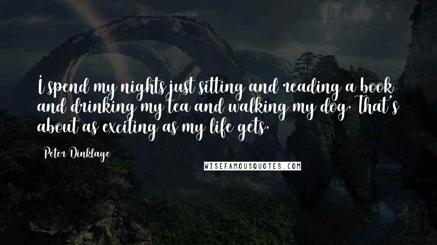 Peter Dinklage Quotes: I spend my nights just sitting and reading a book and drinking my tea and walking my dog. That's about as exciting as my life gets.