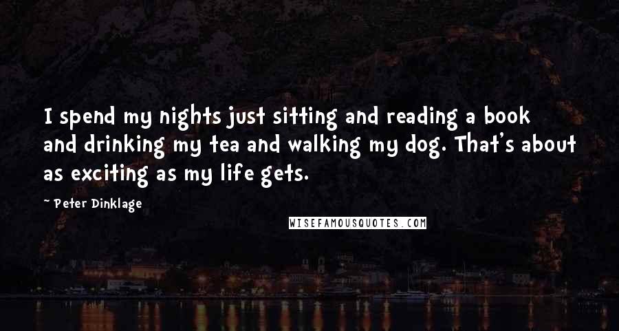 Peter Dinklage Quotes: I spend my nights just sitting and reading a book and drinking my tea and walking my dog. That's about as exciting as my life gets.