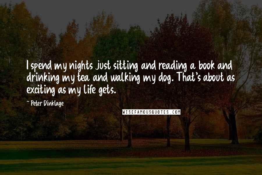 Peter Dinklage Quotes: I spend my nights just sitting and reading a book and drinking my tea and walking my dog. That's about as exciting as my life gets.