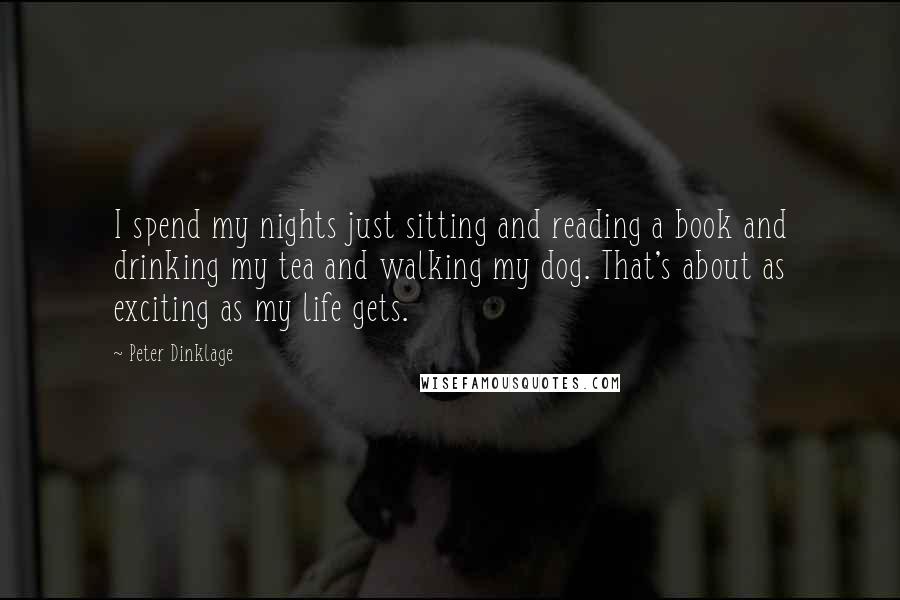 Peter Dinklage Quotes: I spend my nights just sitting and reading a book and drinking my tea and walking my dog. That's about as exciting as my life gets.