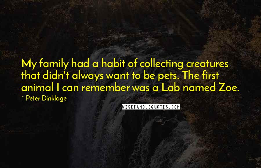 Peter Dinklage Quotes: My family had a habit of collecting creatures that didn't always want to be pets. The first animal I can remember was a Lab named Zoe.