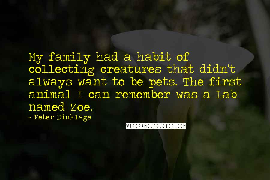 Peter Dinklage Quotes: My family had a habit of collecting creatures that didn't always want to be pets. The first animal I can remember was a Lab named Zoe.