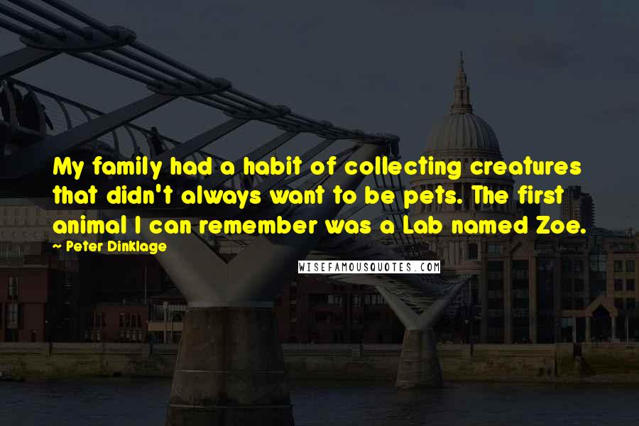 Peter Dinklage Quotes: My family had a habit of collecting creatures that didn't always want to be pets. The first animal I can remember was a Lab named Zoe.