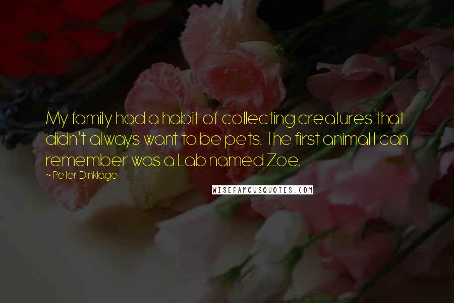 Peter Dinklage Quotes: My family had a habit of collecting creatures that didn't always want to be pets. The first animal I can remember was a Lab named Zoe.