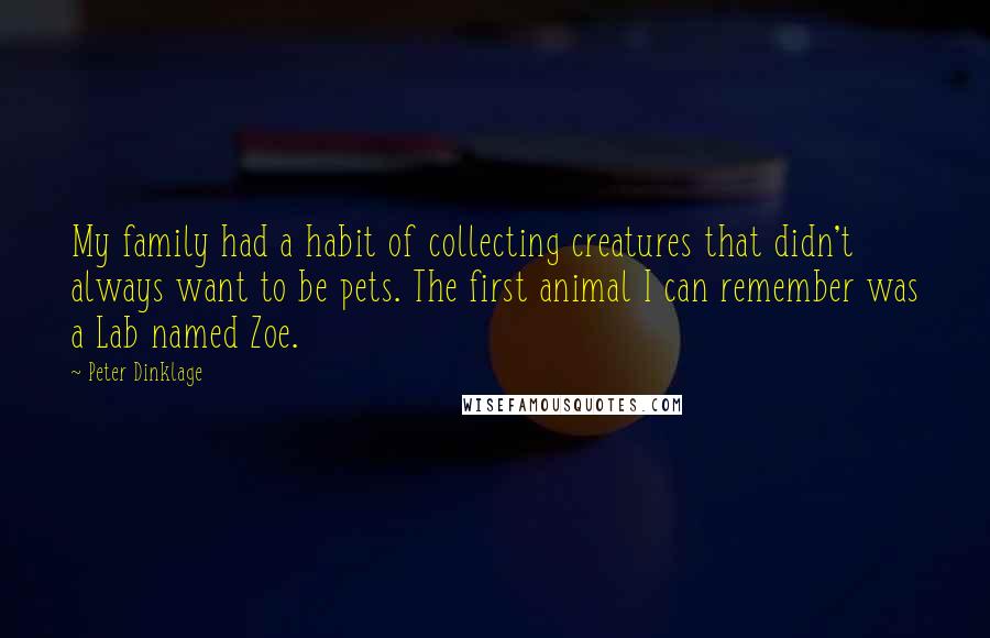 Peter Dinklage Quotes: My family had a habit of collecting creatures that didn't always want to be pets. The first animal I can remember was a Lab named Zoe.