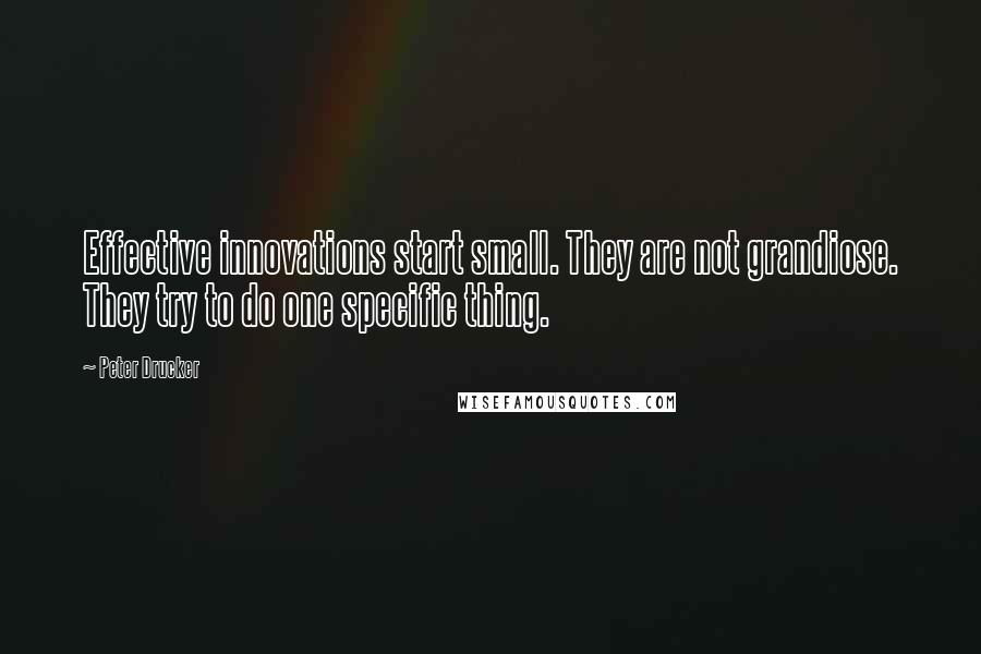Peter Drucker Quotes: Effective innovations start small. They are not grandiose. They try to do one specific thing.