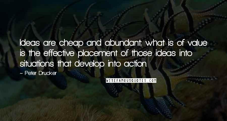 Peter Drucker Quotes: Ideas are cheap and abundant; what is of value is the effective placement of those ideas into situations that develop into action.