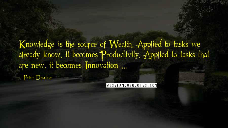 Peter Drucker Quotes: Knowledge is the source of Wealth. Applied to tasks we already know, it becomes Productivity. Applied to tasks that are new, it becomes Innovation ...