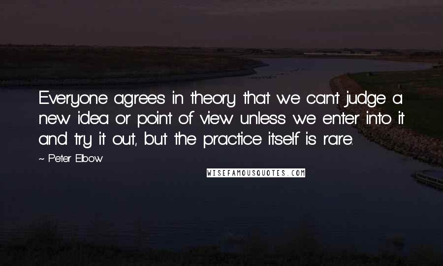 Peter Elbow Quotes: Everyone agrees in theory that we can't judge a new idea or point of view unless we enter into it and try it out, but the practice itself is rare.