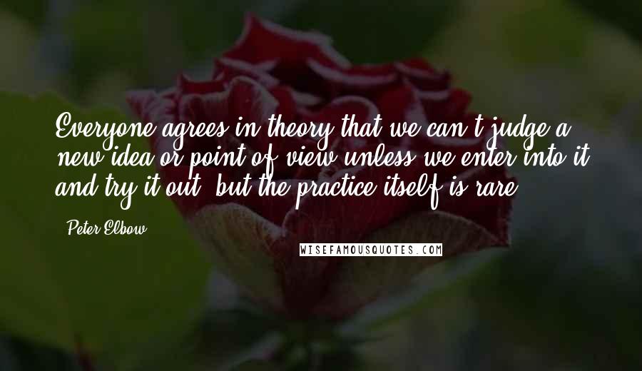 Peter Elbow Quotes: Everyone agrees in theory that we can't judge a new idea or point of view unless we enter into it and try it out, but the practice itself is rare.