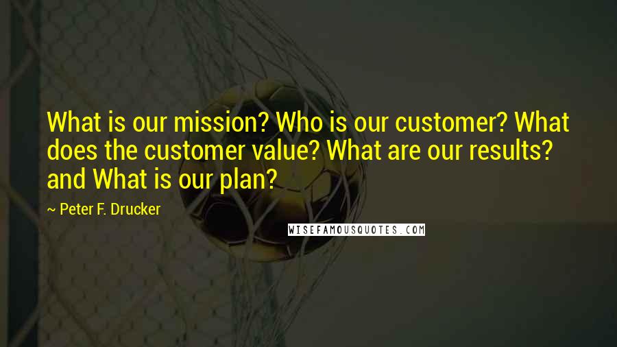 Peter F. Drucker Quotes: What is our mission? Who is our customer? What does the customer value? What are our results? and What is our plan?