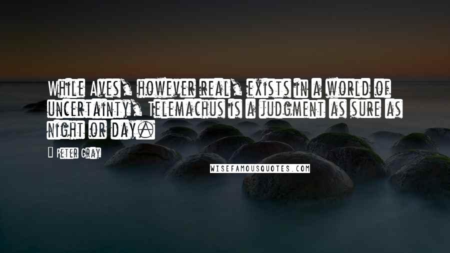 Peter Gray Quotes: While Aves, however real, exists in a world of uncertainty, Telemachus is a judgment as sure as night or day.