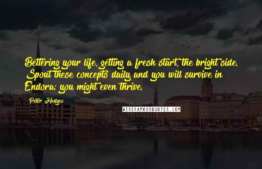 Peter Hedges Quotes: Bettering your life, getting a fresh start, the bright side. Spout these concepts daily and you will survive in Endora; you might even thrive.