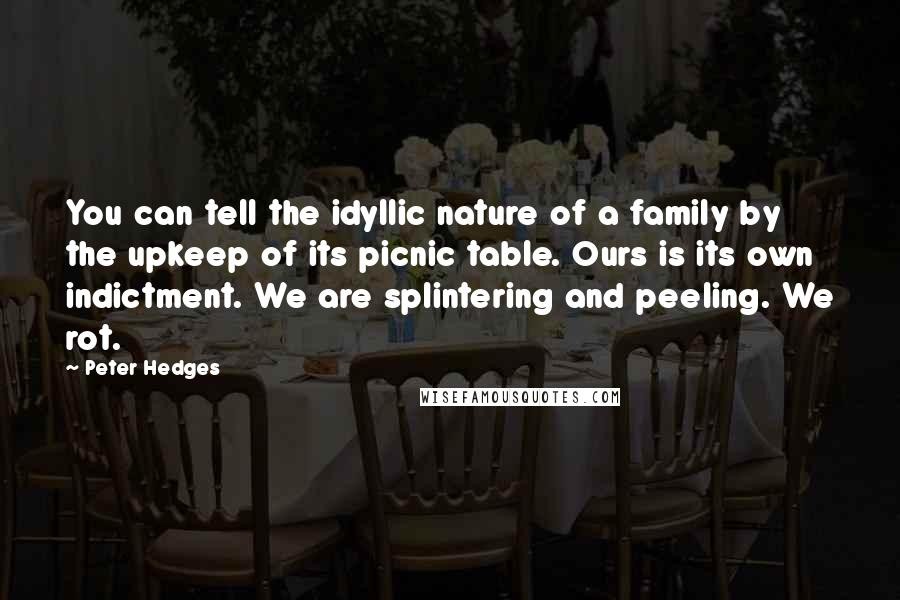 Peter Hedges Quotes: You can tell the idyllic nature of a family by the upkeep of its picnic table. Ours is its own indictment. We are splintering and peeling. We rot.