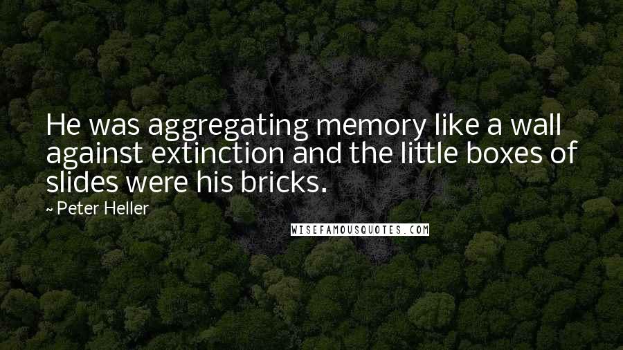 Peter Heller Quotes: He was aggregating memory like a wall against extinction and the little boxes of slides were his bricks.