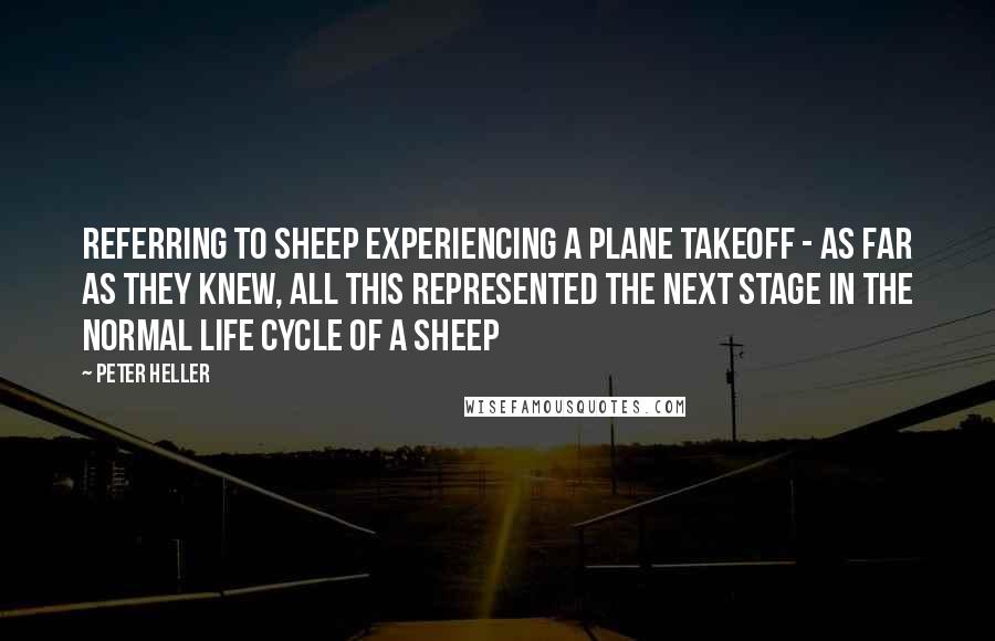 Peter Heller Quotes: Referring to sheep experiencing a plane takeoff - As far as they knew, all this represented the next stage in the normal life cycle of a sheep