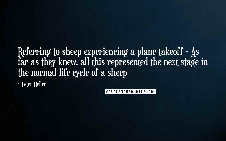 Peter Heller Quotes: Referring to sheep experiencing a plane takeoff - As far as they knew, all this represented the next stage in the normal life cycle of a sheep