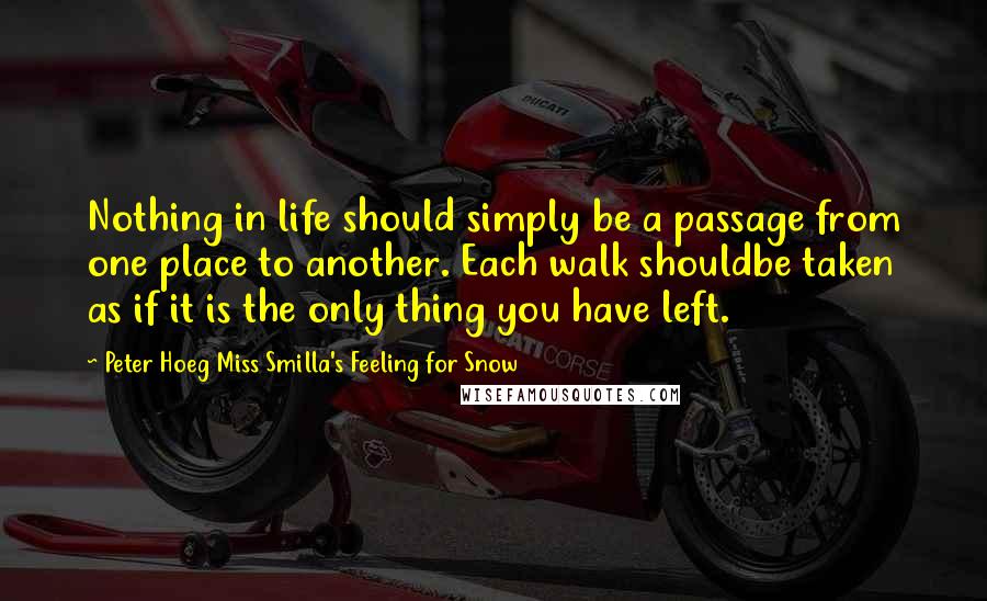 Peter Hoeg Miss Smilla's Feeling For Snow Quotes: Nothing in life should simply be a passage from one place to another. Each walk shouldbe taken as if it is the only thing you have left.