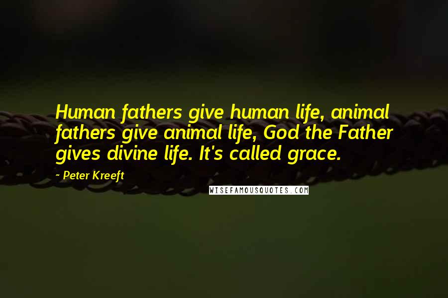 Peter Kreeft Quotes: Human fathers give human life, animal fathers give animal life, God the Father gives divine life. It's called grace.