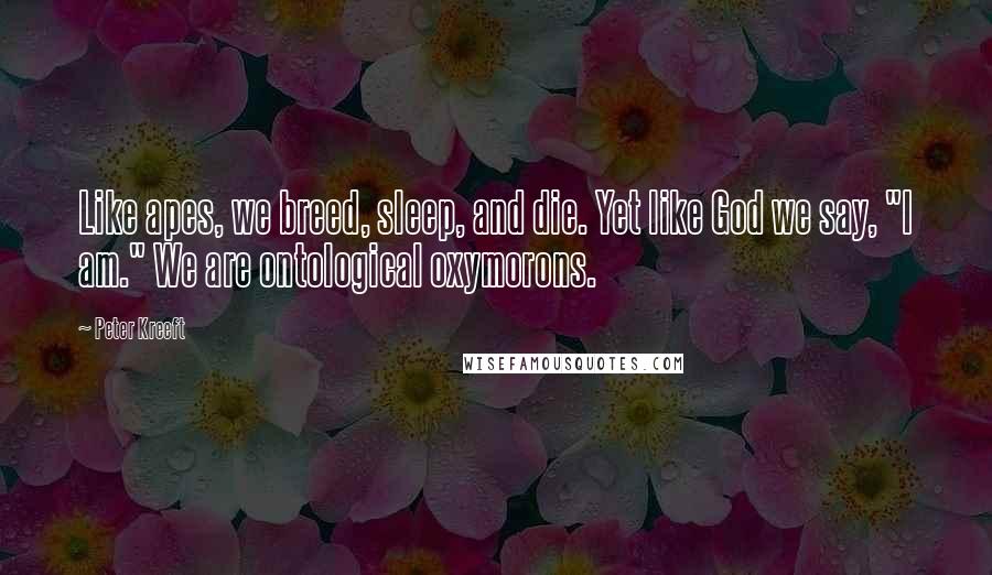 Peter Kreeft Quotes: Like apes, we breed, sleep, and die. Yet like God we say, "I am." We are ontological oxymorons.