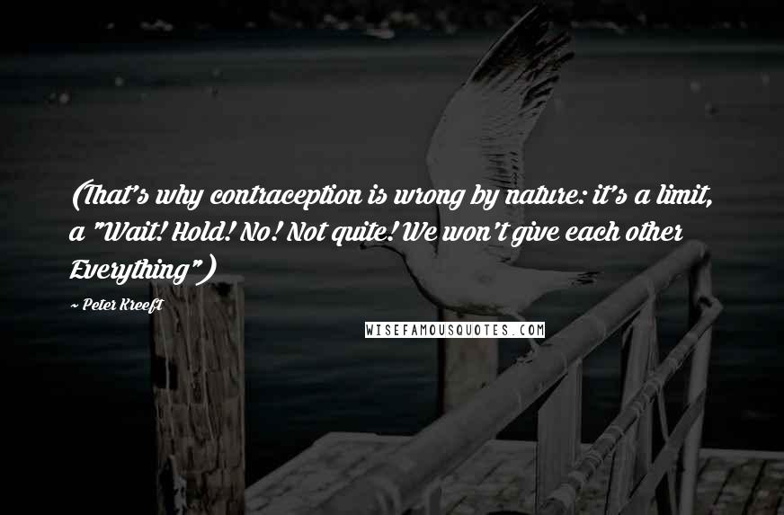 Peter Kreeft Quotes: (That's why contraception is wrong by nature: it's a limit, a "Wait! Hold! No! Not quite! We won't give each other Everything")