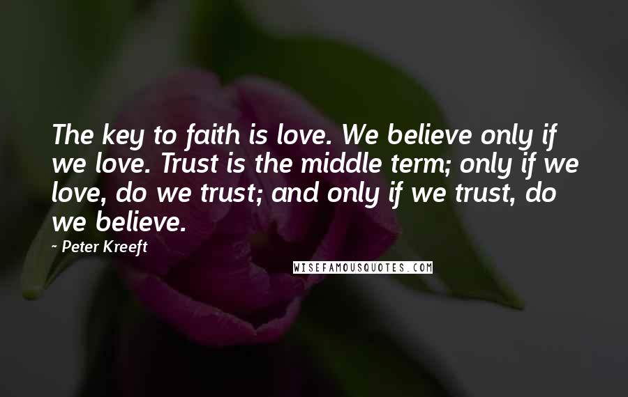 Peter Kreeft Quotes: The key to faith is love. We believe only if we love. Trust is the middle term; only if we love, do we trust; and only if we trust, do we believe.