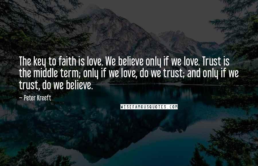 Peter Kreeft Quotes: The key to faith is love. We believe only if we love. Trust is the middle term; only if we love, do we trust; and only if we trust, do we believe.